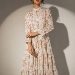 Embroidered Lace-Detail Midi Dress