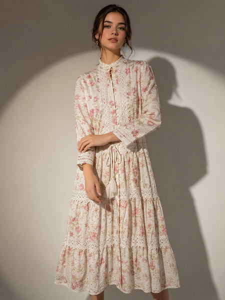 Embroidered Lace-Detail Midi Dress