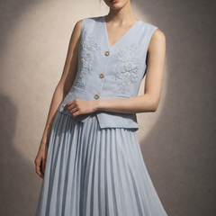 Embroidered Vest & Pleated Midi Skirt Set