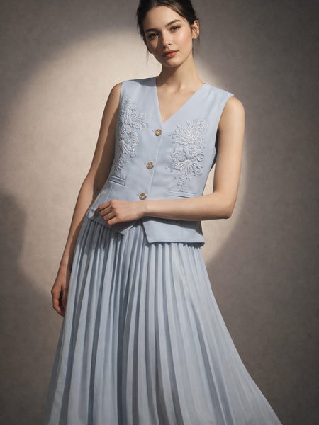 Embroidered Vest & Pleated Midi Skirt Set