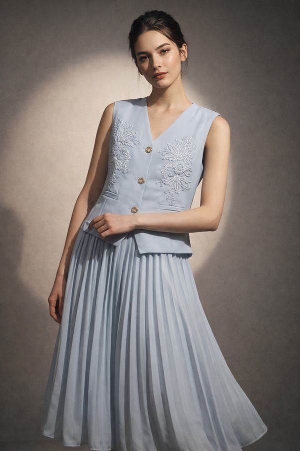 Embroidered Vest & Pleated Midi Skirt Set