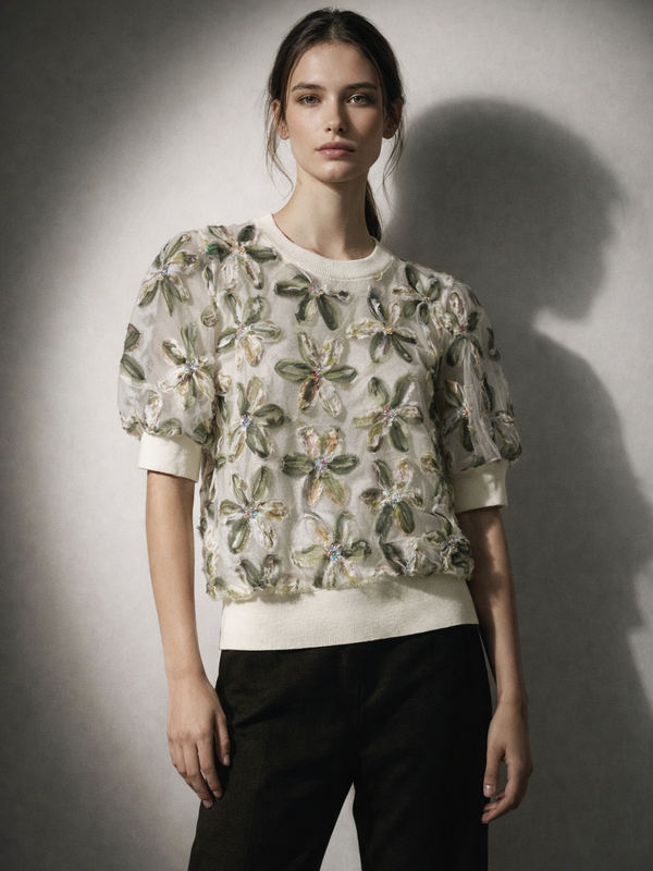 Textured Floral Embellished Knit Top