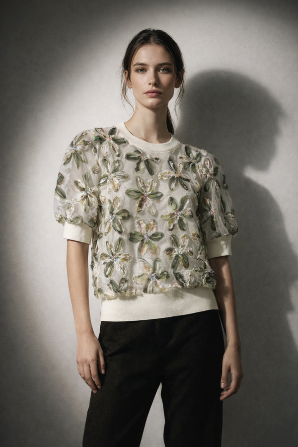 Textured Floral Embellished Knit Top