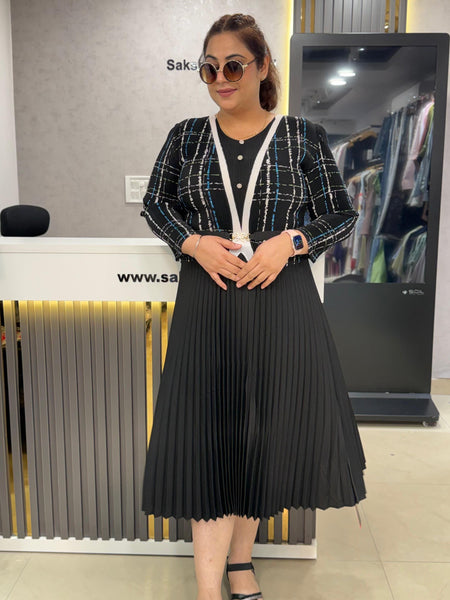 Tailored Check Knit Jacket & Pleated dress