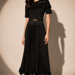 Pleated Midi Dress with Ruffle Detail