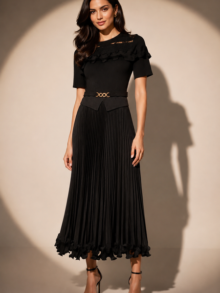 Pleated Midi Dress with Ruffle Detail