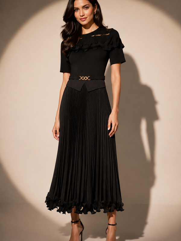 Pleated Midi Dress with Ruffle Detail