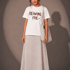Slogan T-Shirt and Striped  Skirt top