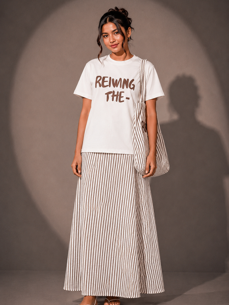 Slogan T-Shirt and Striped  Skirt top