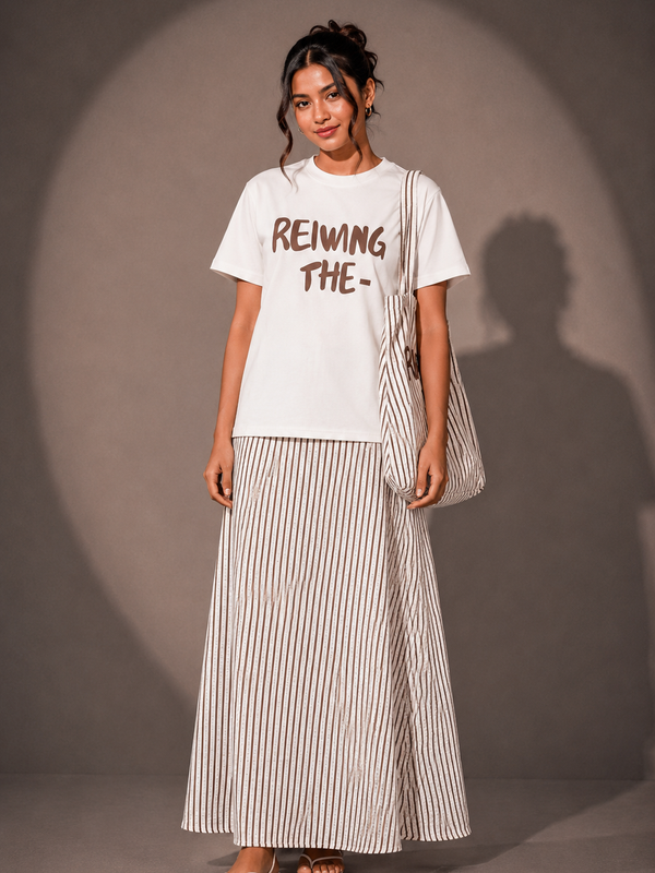 Slogan T-Shirt and Striped  Skirt top