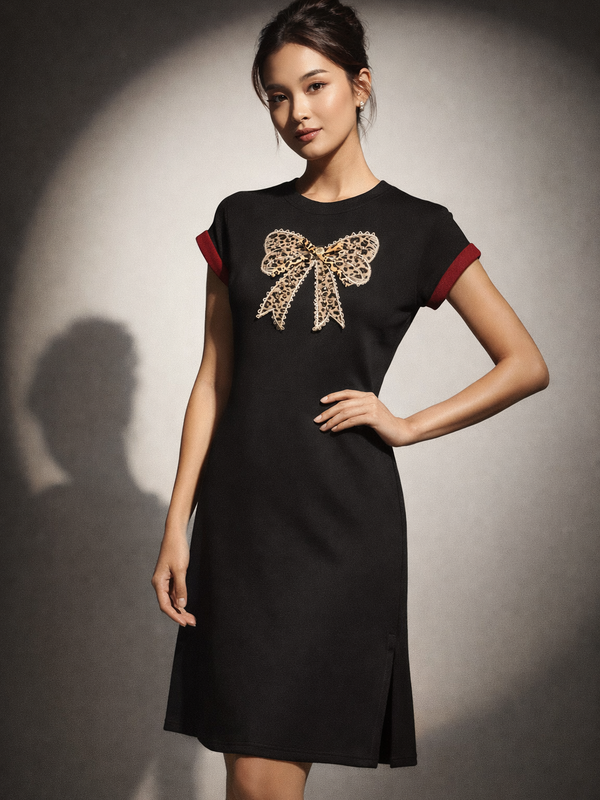 Embellished Bow Midi T-Shirt Dress