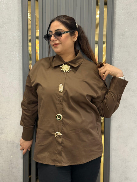 Oversized Satin-Effect Shirt with Jewel Appliqué