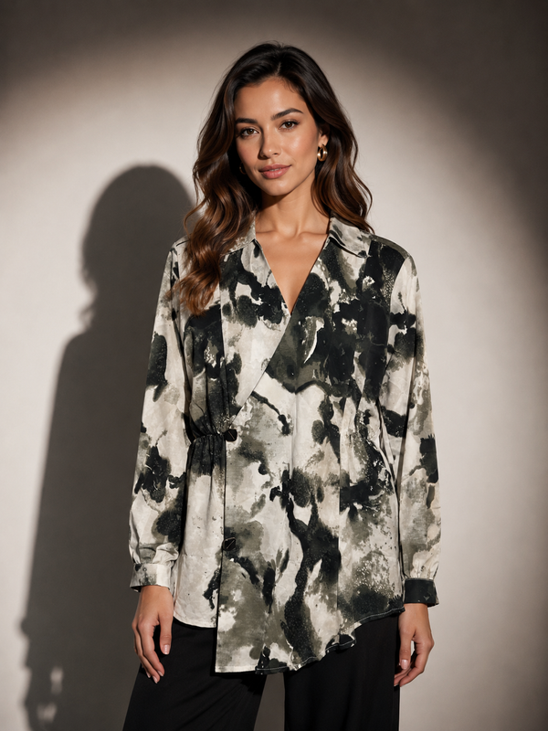 Abstract Print Wrap-Front Tunic Top