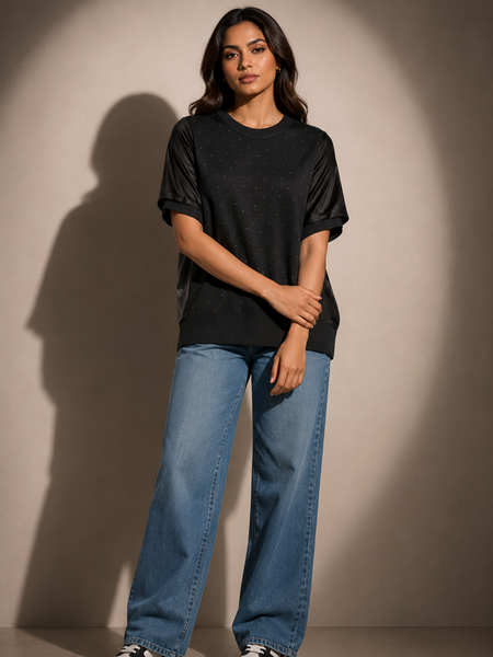 Embellished Knit Panel Top