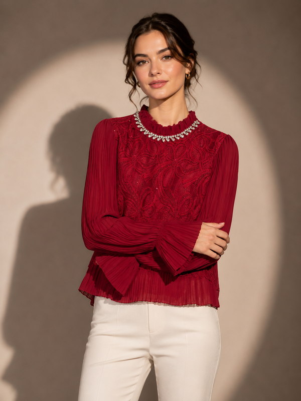Embellished Lace Pleated Blouse