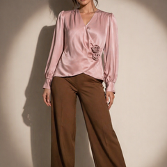 Wrap-Front Satin Blouse with Floral Appliqué