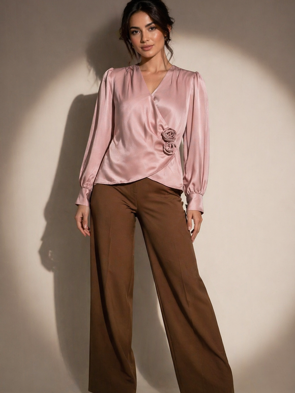 Wrap-Front Satin Blouse with Floral Appliqué