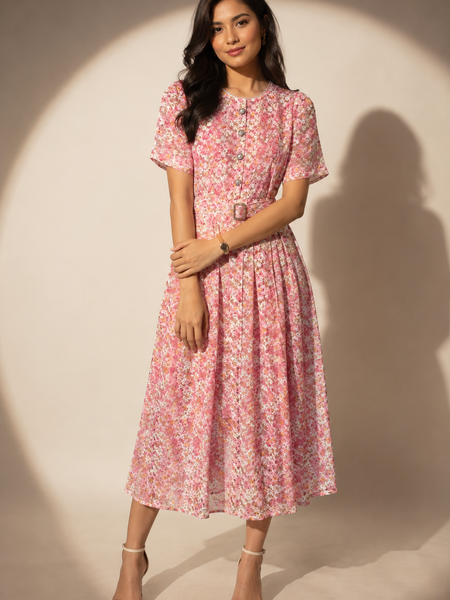 Floral Print Belted Midi Dress