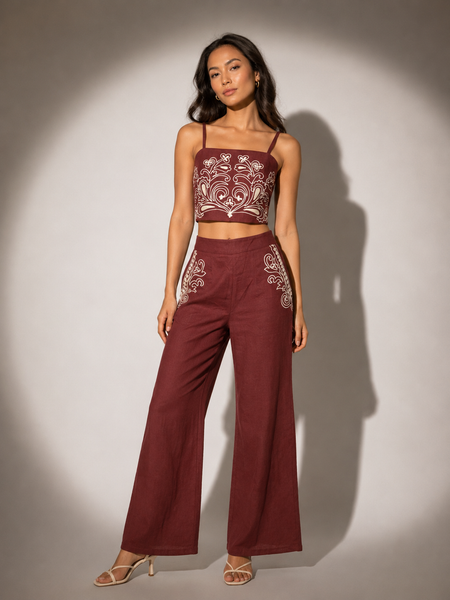 EMBROIDERED CROP TOP & WIDE-LEG TROUSERS SET