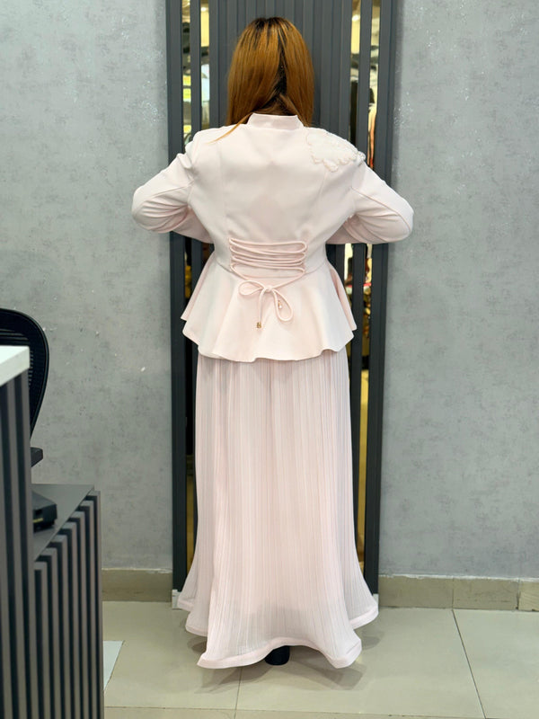 Embellished Structured Peplum Jacket with Pleated Skirt