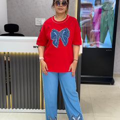 Embellished Bow Motif T-Shirt & Relaxed Trousers Set