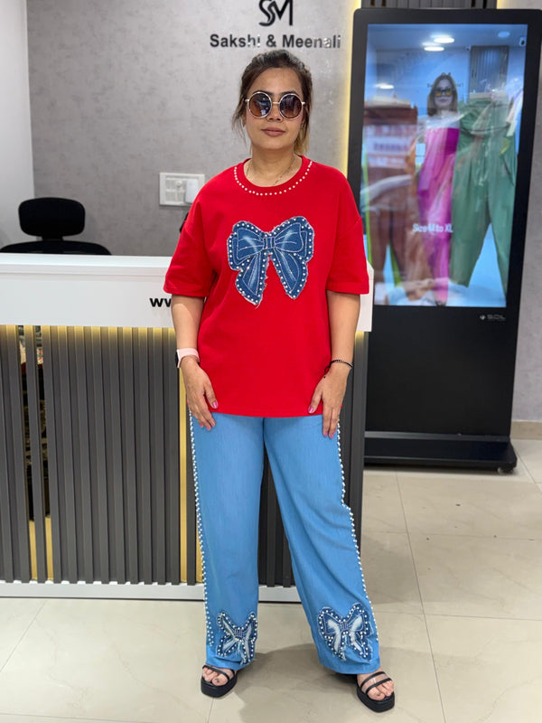 Embellished Bow Motif T-Shirt & Relaxed Trousers Set