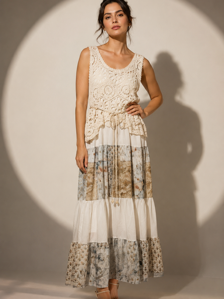 Crochet Panel Tiered Maxi Dress