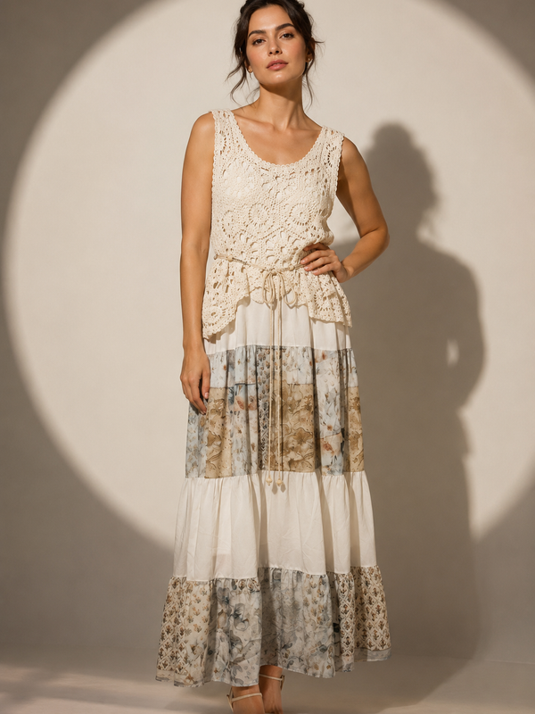 Crochet Panel Tiered Maxi Dress