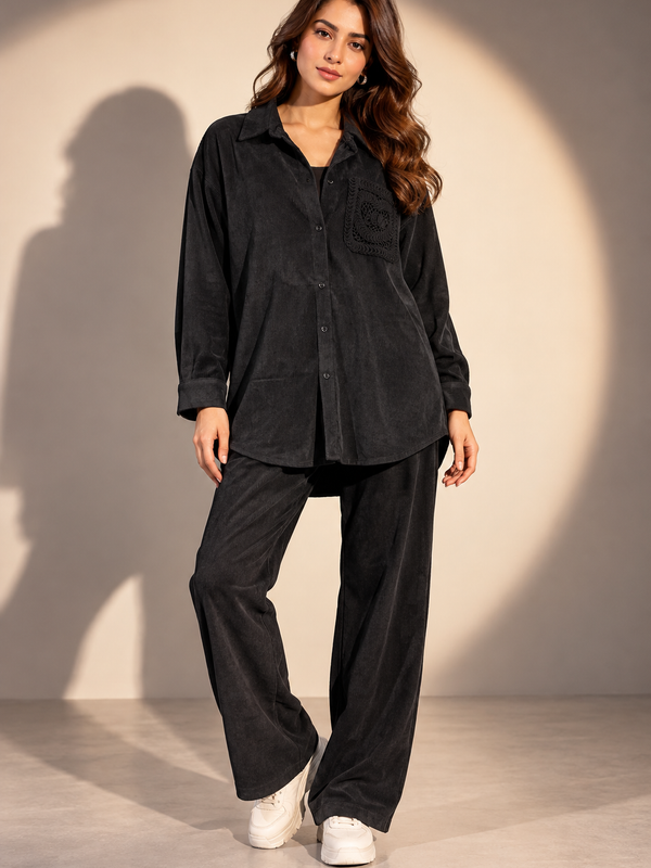 Textured Corduroy Shirt & Wide-Leg Trousers Set