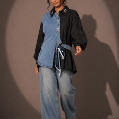Contrast Panel Denim Shirt with Waist Tie