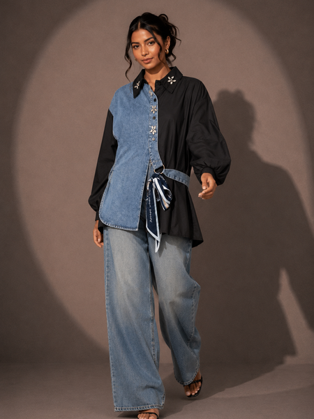 Contrast Panel Denim Shirt with Waist Tie