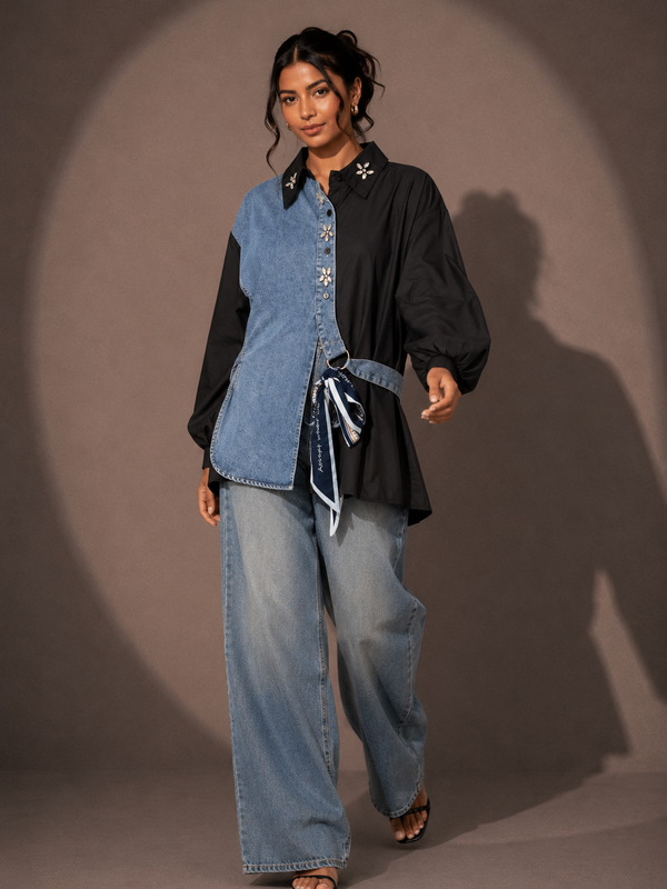 Contrast Panel Denim Shirt with Waist Tie