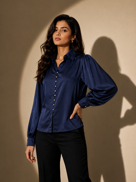 Satin Button shirt  with Pleated Sleeves