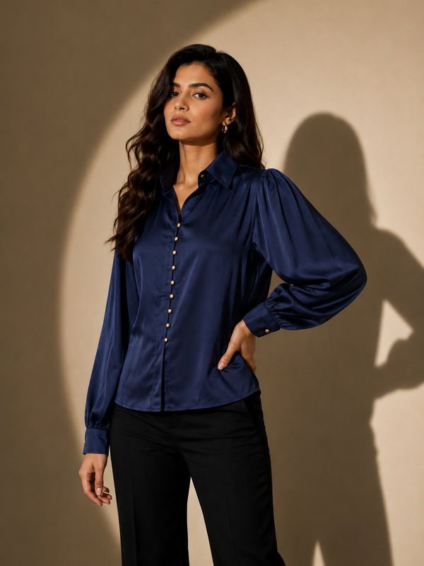Satin Button shirt  with Pleated Sleeves