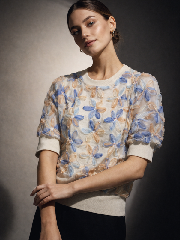 Textured Floral Embellished Knit Top