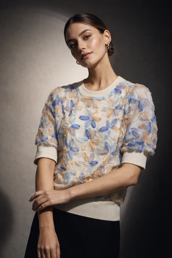 Textured Floral Embellished Knit Top