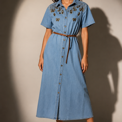 Embellished Denim Shirt Midi Dress
