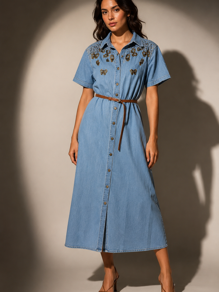 Embellished Denim Shirt Midi Dress