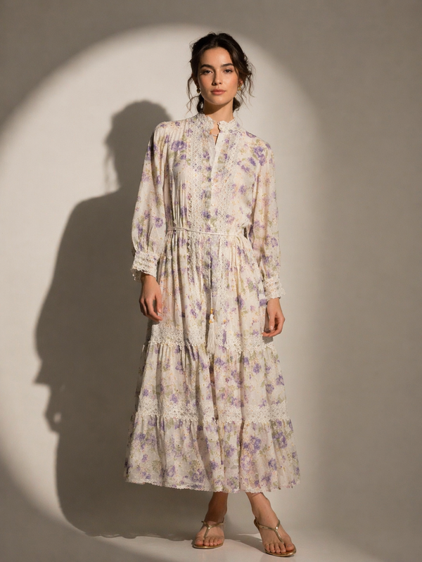 Embroidered Lace-Detail Midi Dress