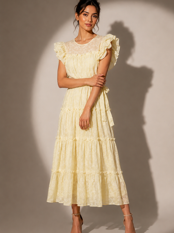 Ruffled Sleeve Tiered Midi Dress