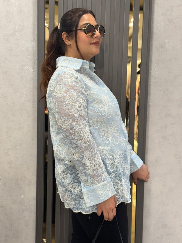 Sheer Floral Embroidered Shirt