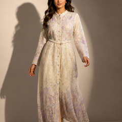 Printed Lace Shirt Maxi Dress with Beaded Waist Belt