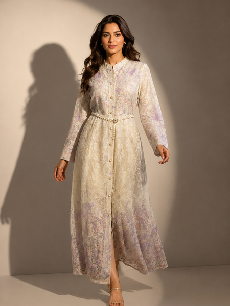 Printed Lace Shirt Maxi Dress with Beaded Waist Belt