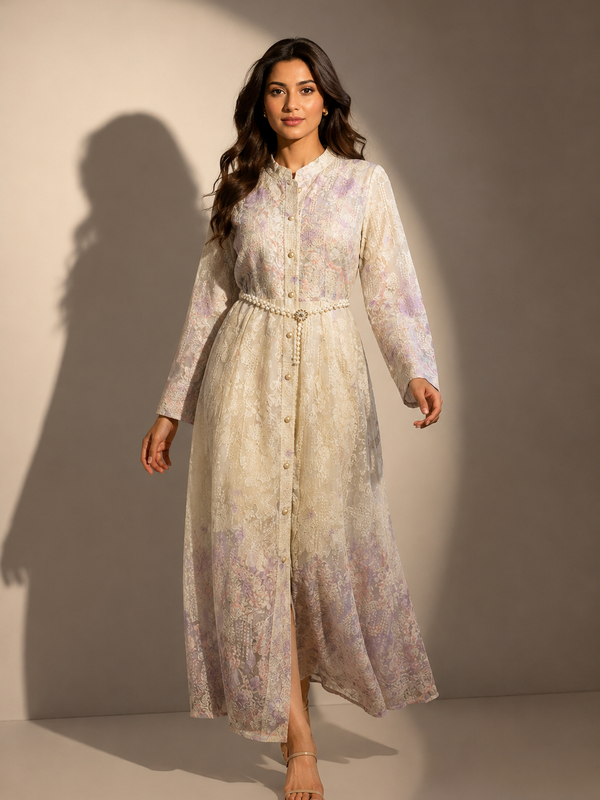 Printed Lace Shirt Maxi Dress with Beaded Waist Belt