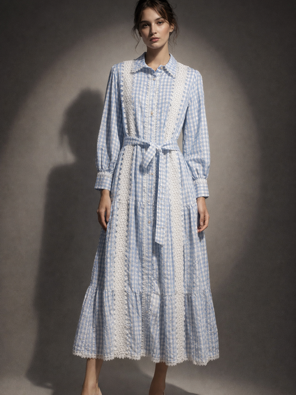 Lace Panel Check Long dress