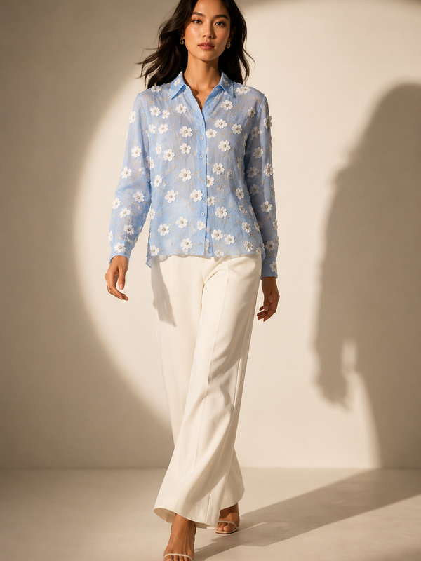 Floral Appliqué Sheer Shirt