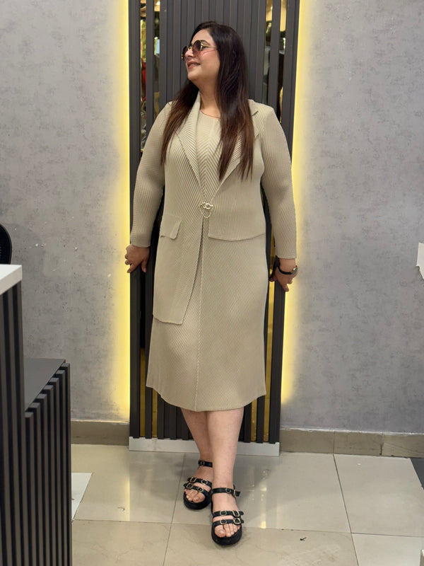 Textured Knit Midi Dress with Coordinated Open-Front Jacket