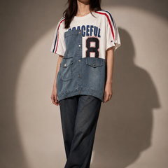 Patchwork Denim Panel Oversized Graphic T-Shirt