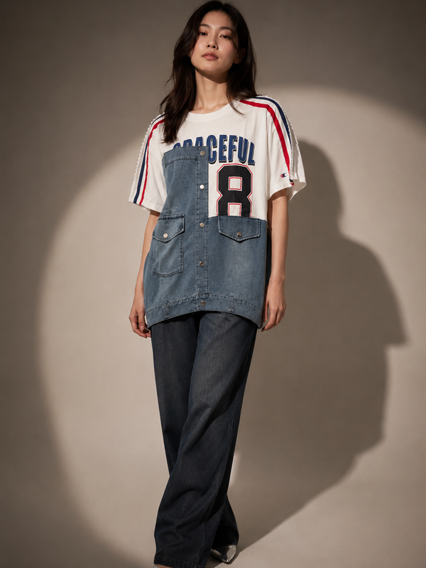 Patchwork Denim Panel Oversized Graphic T-Shirt