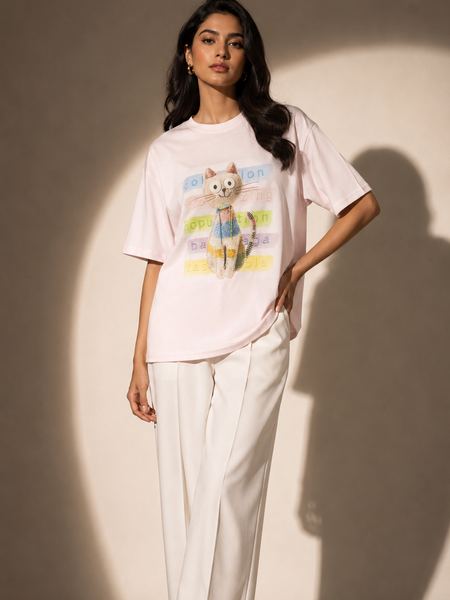 Oversized Cat Graphic T-Shirt